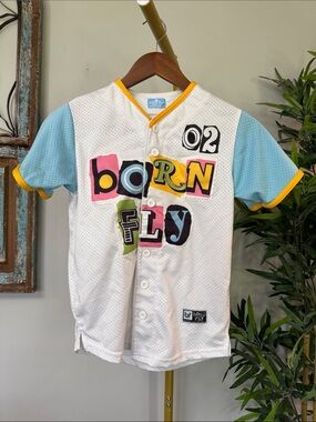RARE Born Fly Short-Sleeve Button Front Tee - White & Light Blue EUC Small